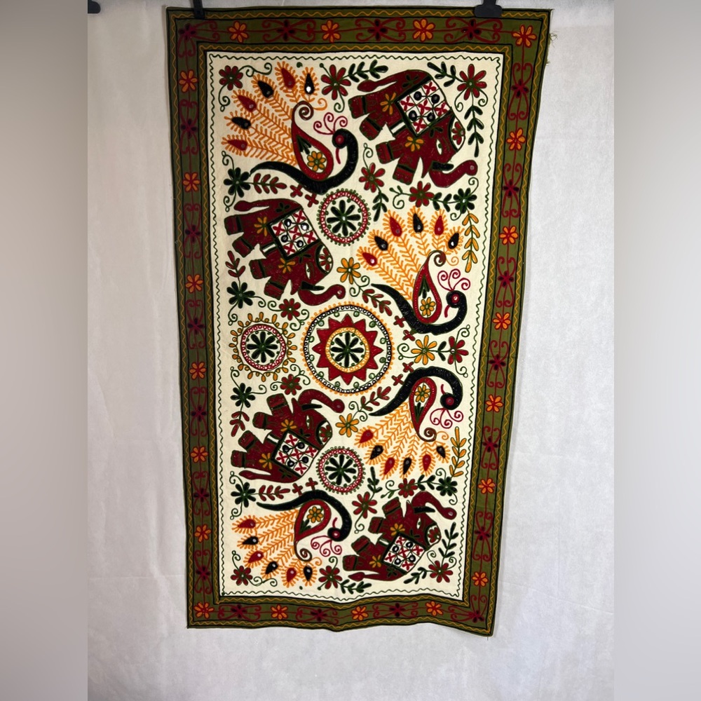 India elephant bird embroidered tapestry table cover art